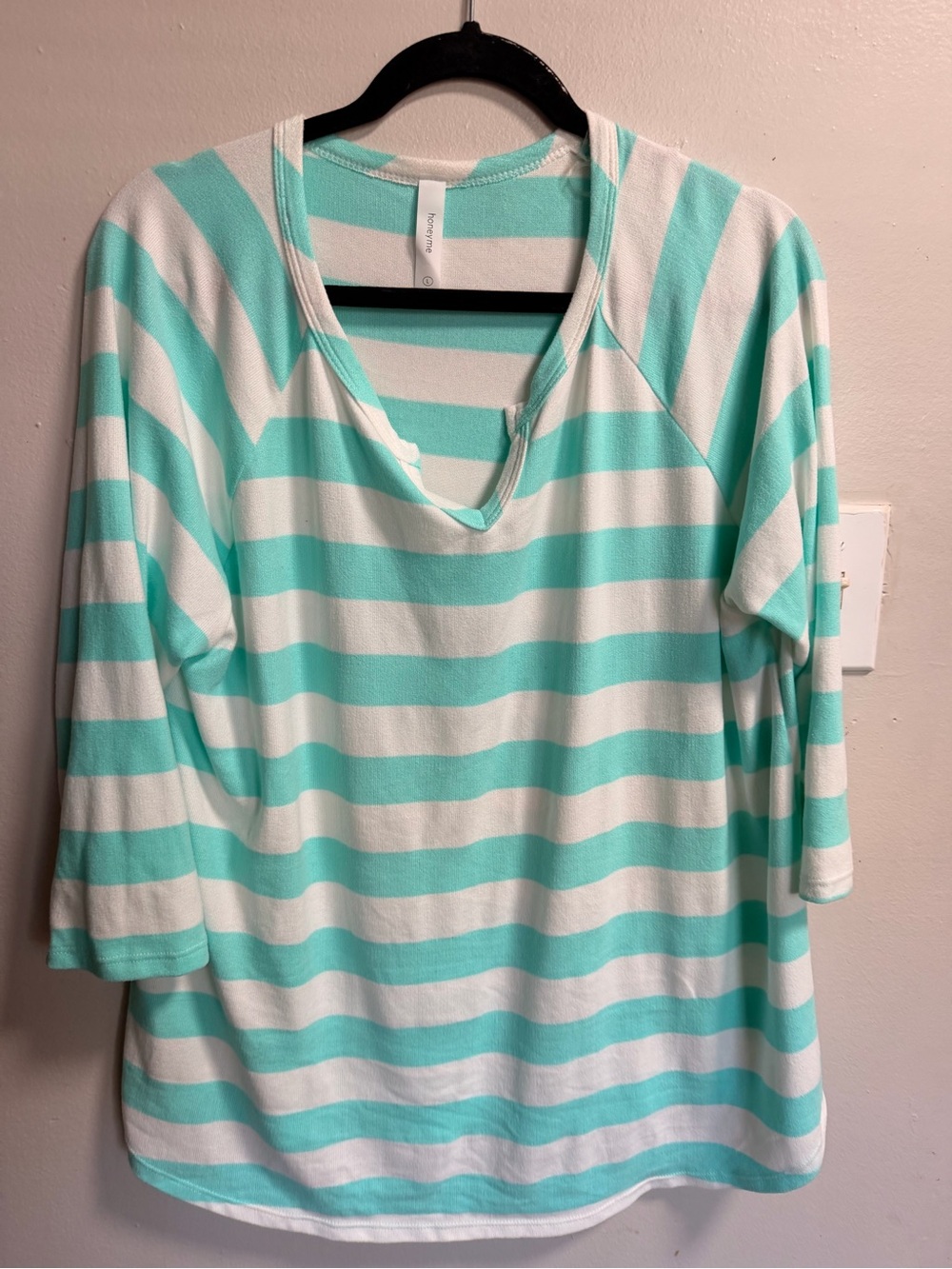Honeyme Mint & White Striped Long Sleeve V-Notch Top